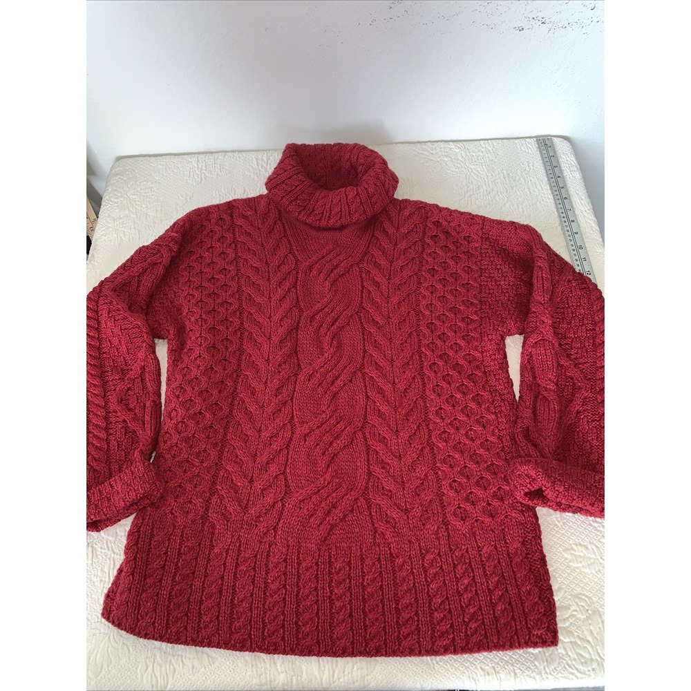 Irish Merino Wool Sweater Women's Aran Cable Knit Red Roll Neck‎ Pullover XXL